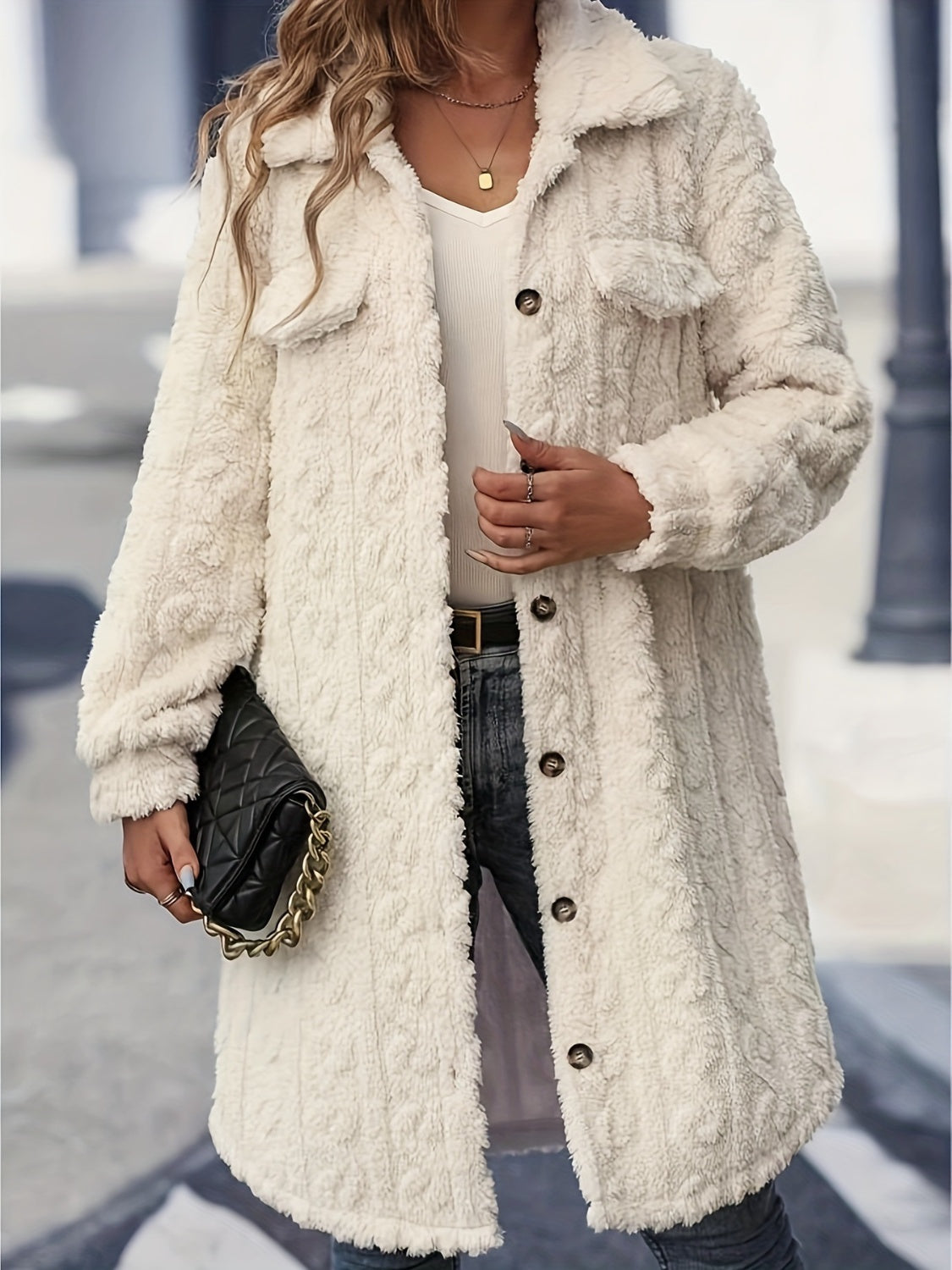 Fuzzy Glow Button Up Coat