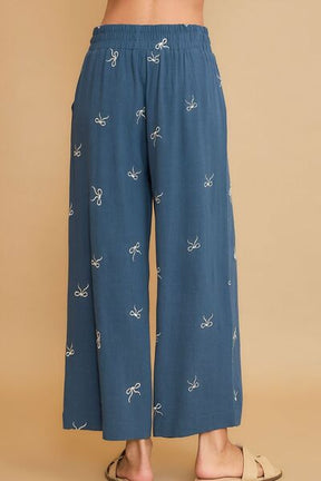 Bow Of Charm Dusty Blue Lace Drawstring Embroidered Wide Leg Pants - PNT1773BL