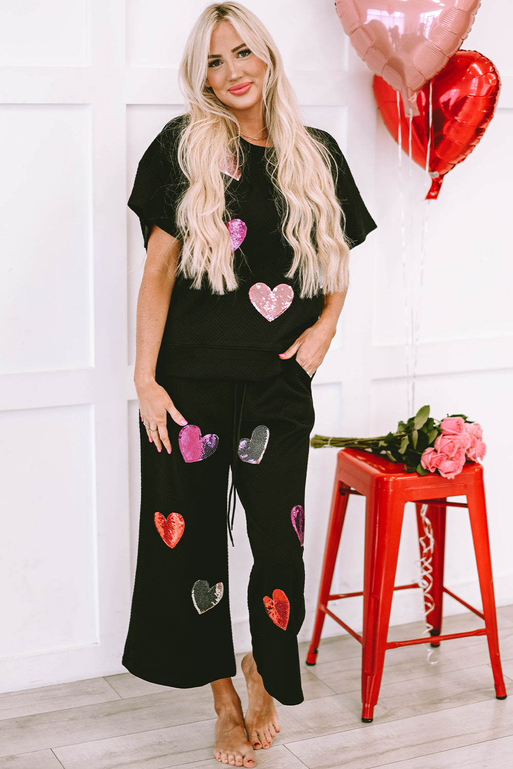 Don't Go Breaking My Heart Black Sequins/Heart Printed Top/Pant(2pc Set)