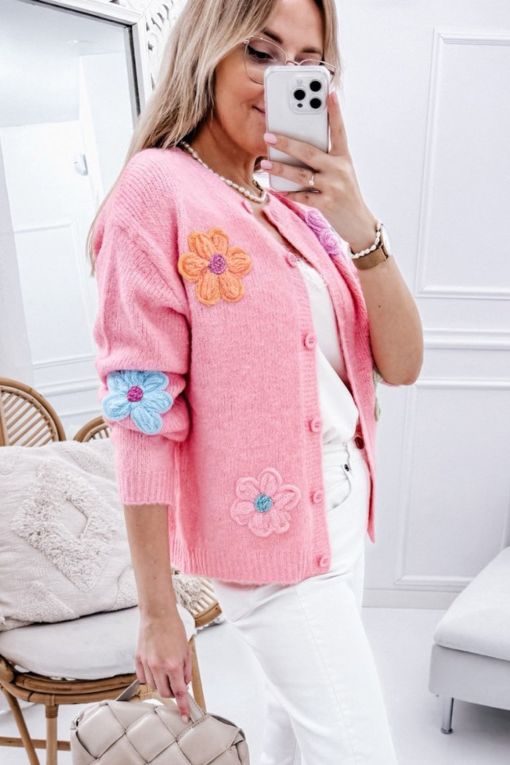 Living In A Floral Paradise Pink Cute Knitted Floral Cardigan