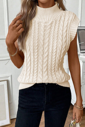 She's One To Remember Oatmeal Cable Knit High Neck Sweater Vest Top