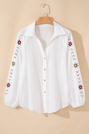 Chic And Sleek Floral Embroidered Puff Sleeve Eyelet Patchwork Top