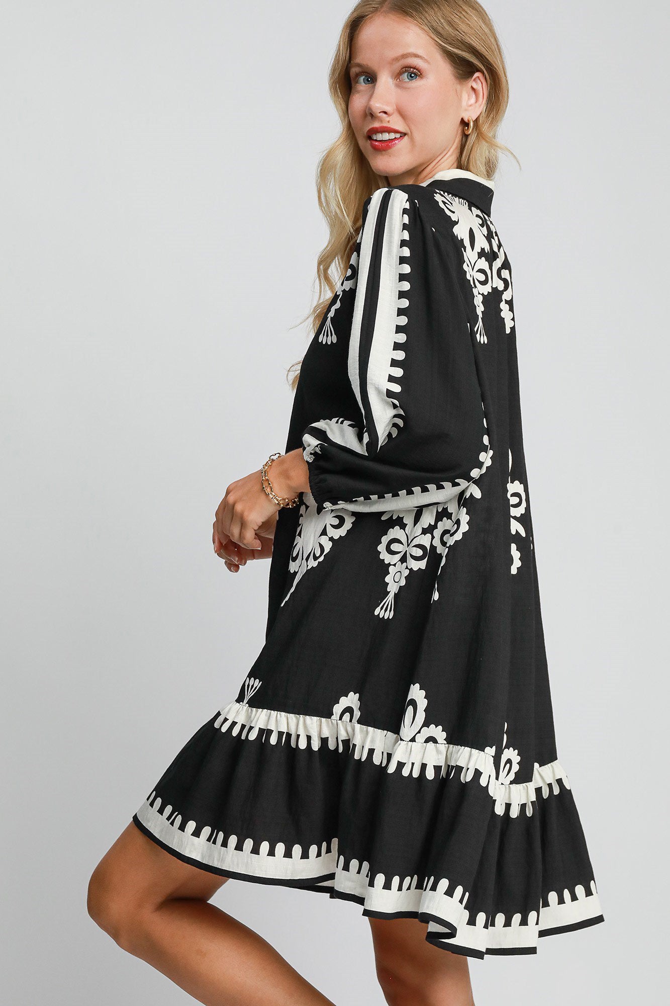 Borderline  Print Button Down Ruffled Hem Dress