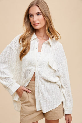 Basic Beauty Openwork Button Down Drop Shoulder Shirt