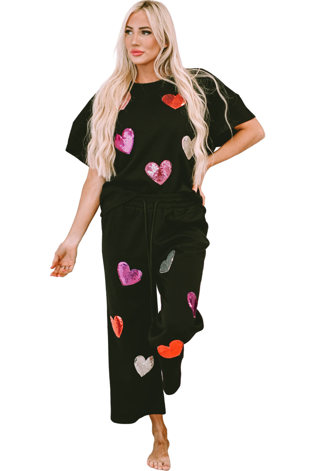 Don't Go Breaking My Heart Black Sequins/Heart Printed Top/Pant(2pc Set)