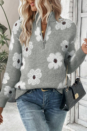 I've Got The Flower Gray Floral Half Zip Sweater