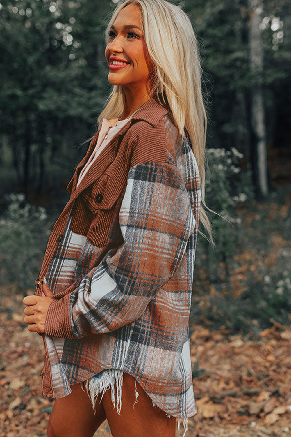 Ready For Cold Days Cinnamon Plaid Corduroy Shacket