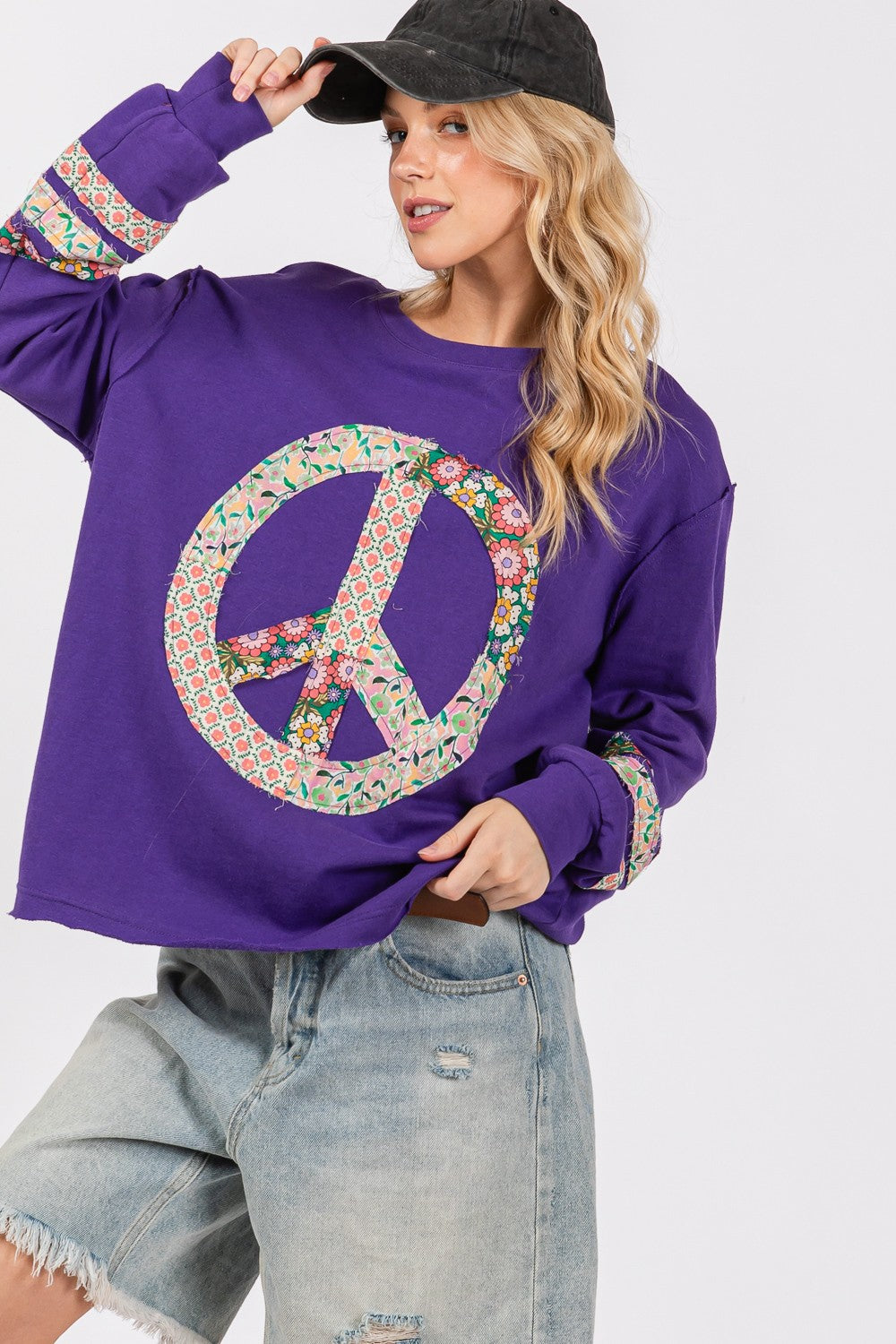 Peace Out Loud Applique Patch Long Sleeve Top