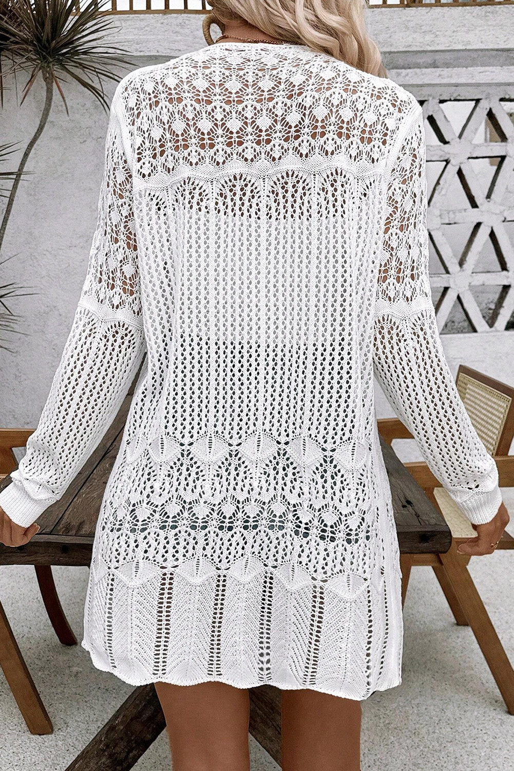 Woven Whispers White Hollow Out Open Front Cardigan