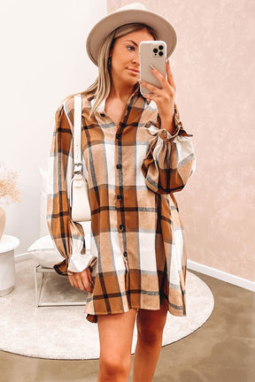 Boldly Plaid Khaki Plaid Pattern Collared Neck Ruffled Sleeve Shirt Dress