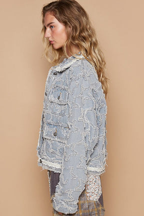 Rise To Stardom Textured Raw Hem Long Sleeve Denim Jacket