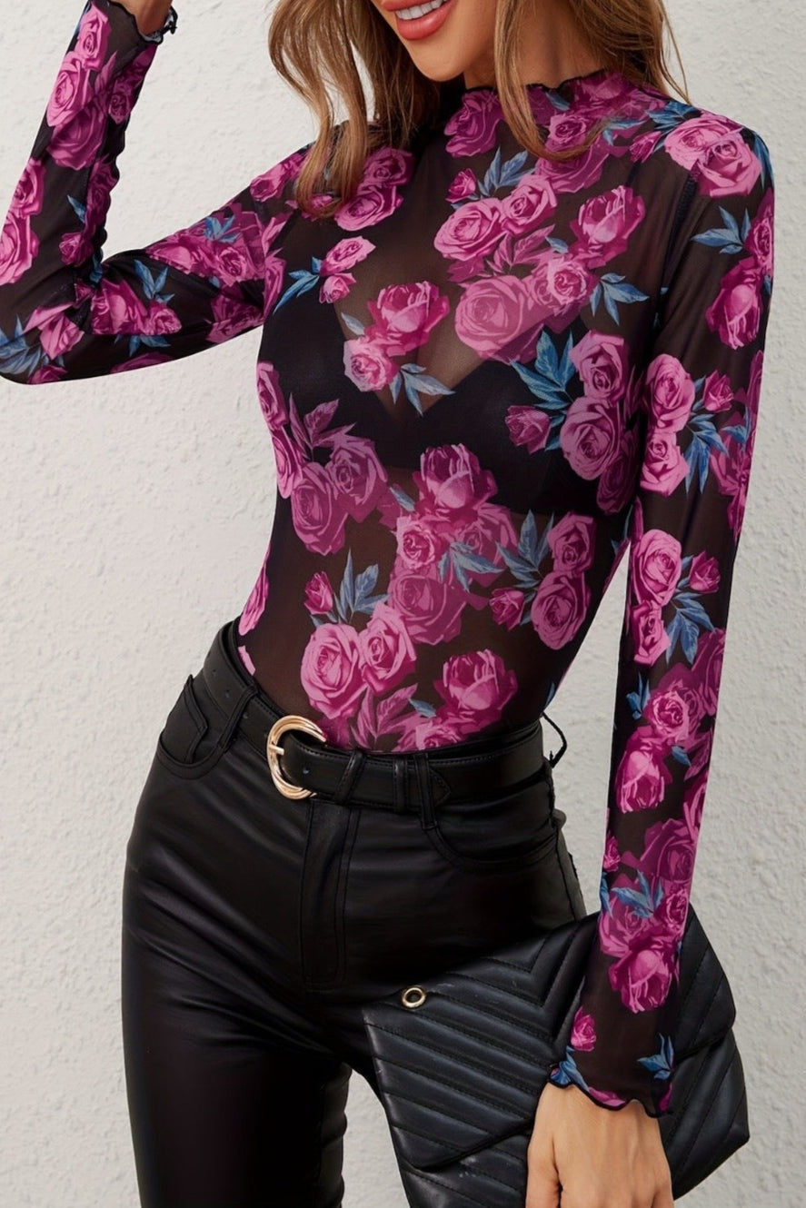 Sheer Sensation Floral Mock Neck Long Sleeve Top