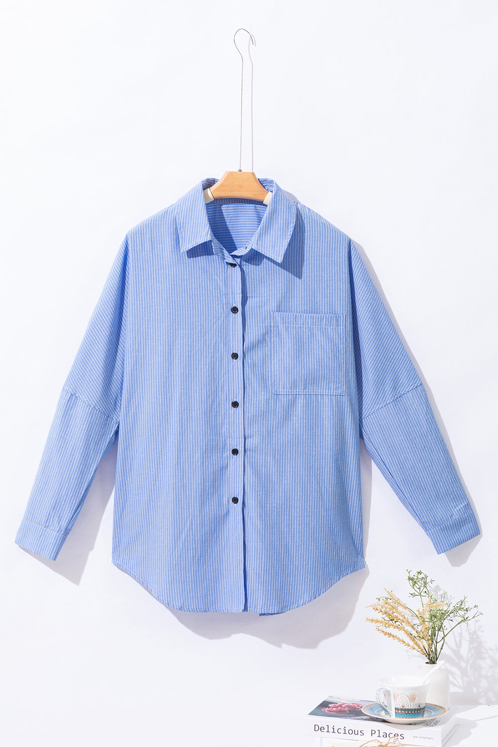 Stripe Fever Sky Blue Roll-tab Sleeve Pocketed Long Shirt