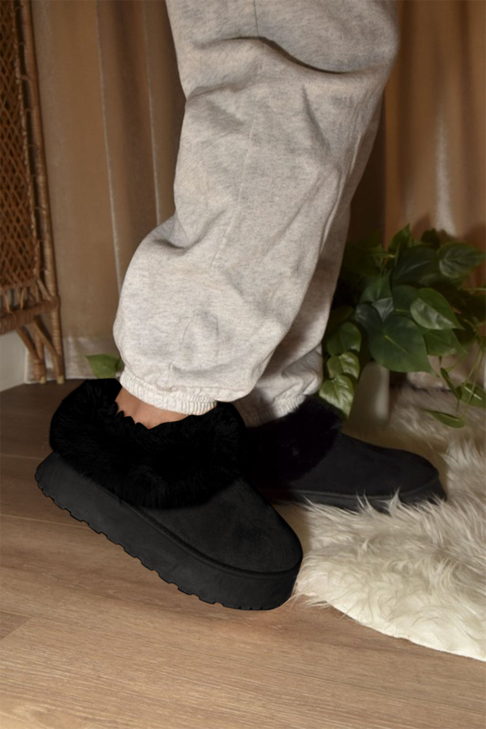 Warm And Fuzzy Black Faux-Fur Platform Slip On Booties