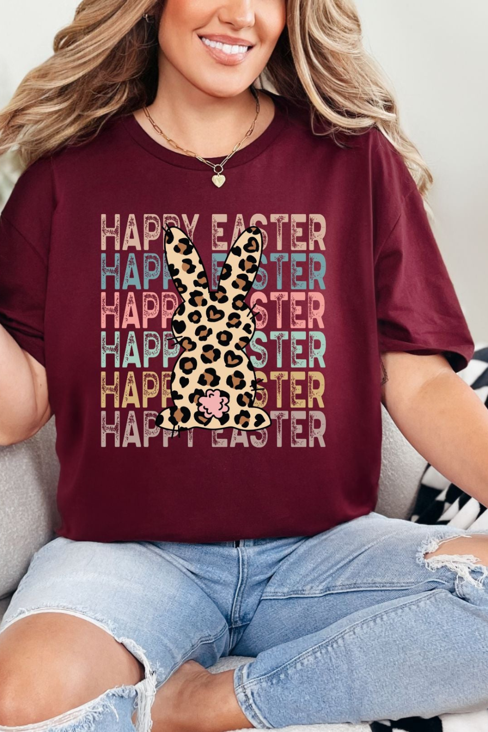 Maroon Bunny Happy Easter Graphic Tee