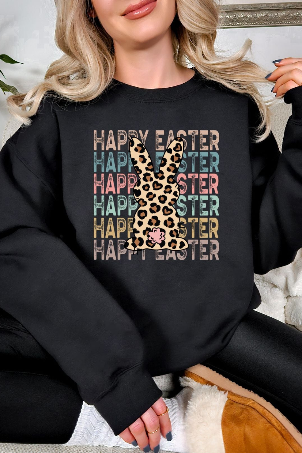 Black Bunny Happy Easter Graphic Sweatshirt