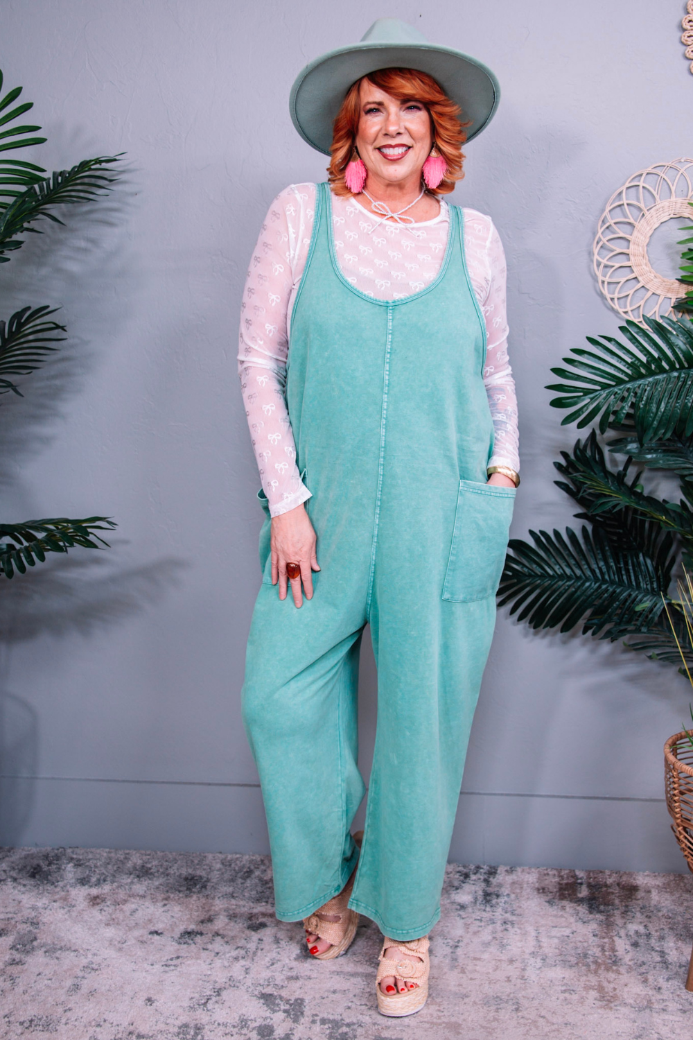 Chill In Comfy Seagreen Wide Leg Overalls