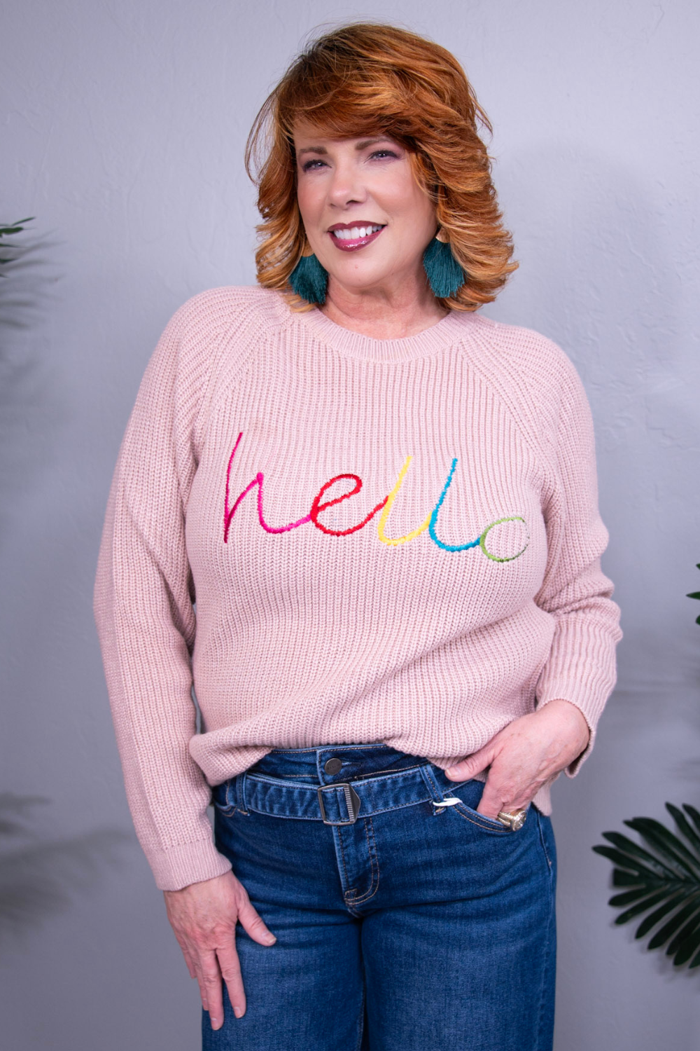 HELLO Embroidered Raglan Sleeve Sweater