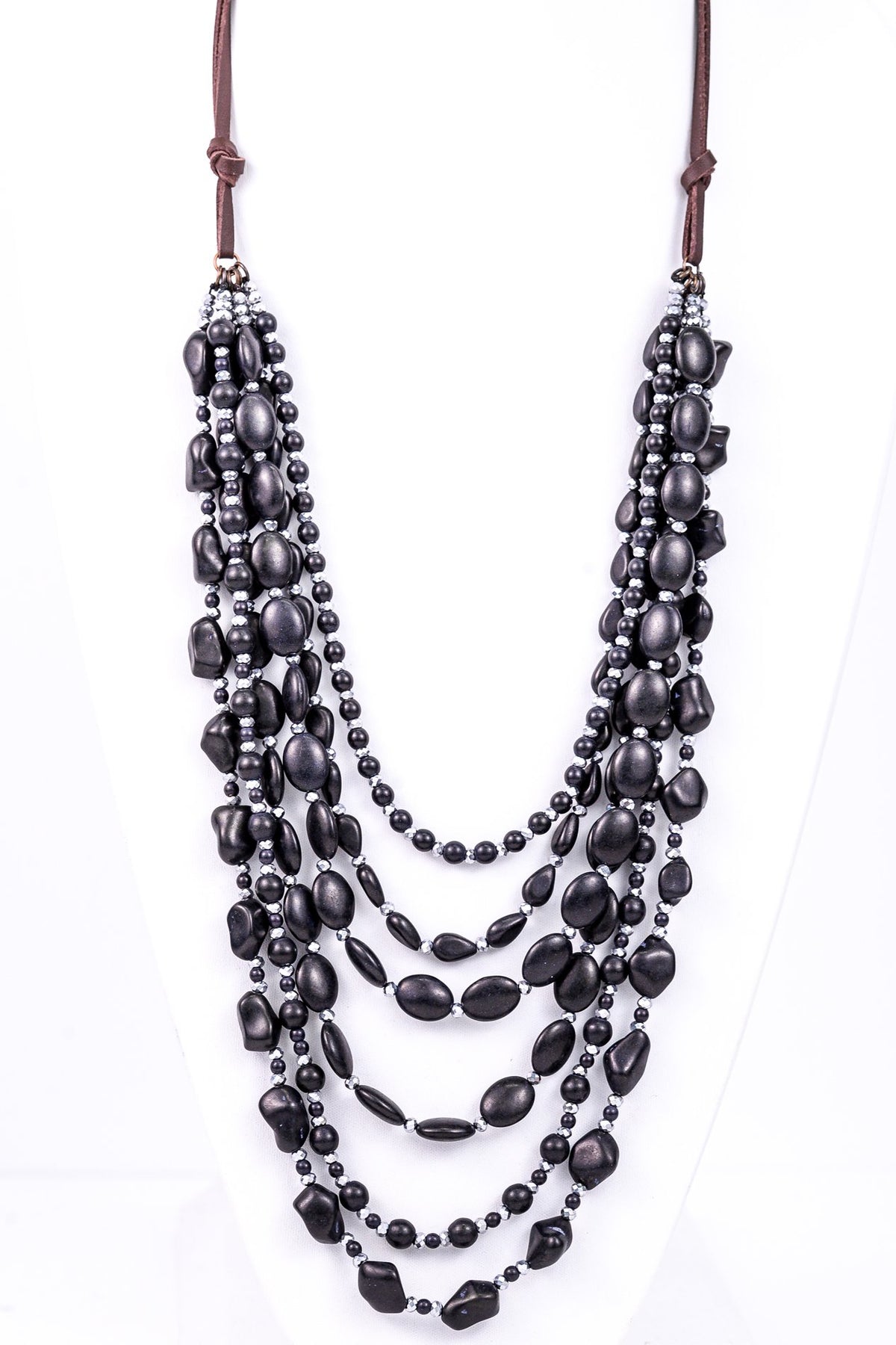 Black/Silver Multi-Layer Beaded On Brown Cord Necklace - NEK2721BK