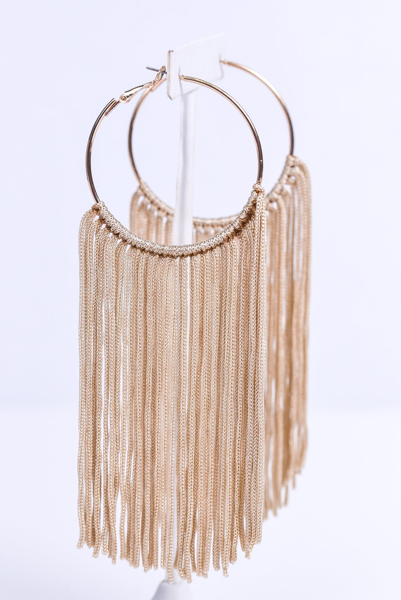 Long Beige Tassel Gold Hoop Earrings - EAR3005BG