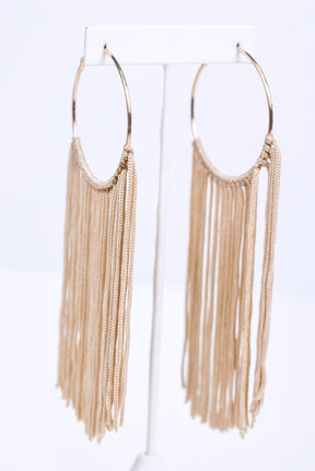 Long Beige Tassel Gold Hoop Earrings - EAR3005BG