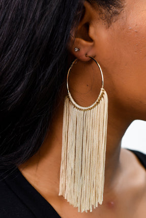 Long Beige Tassel Gold Hoop Earrings - EAR3005BG