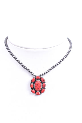 Red/Gray Beaded/Marble Stone Pendant/Choker Necklace - NEK3881RD