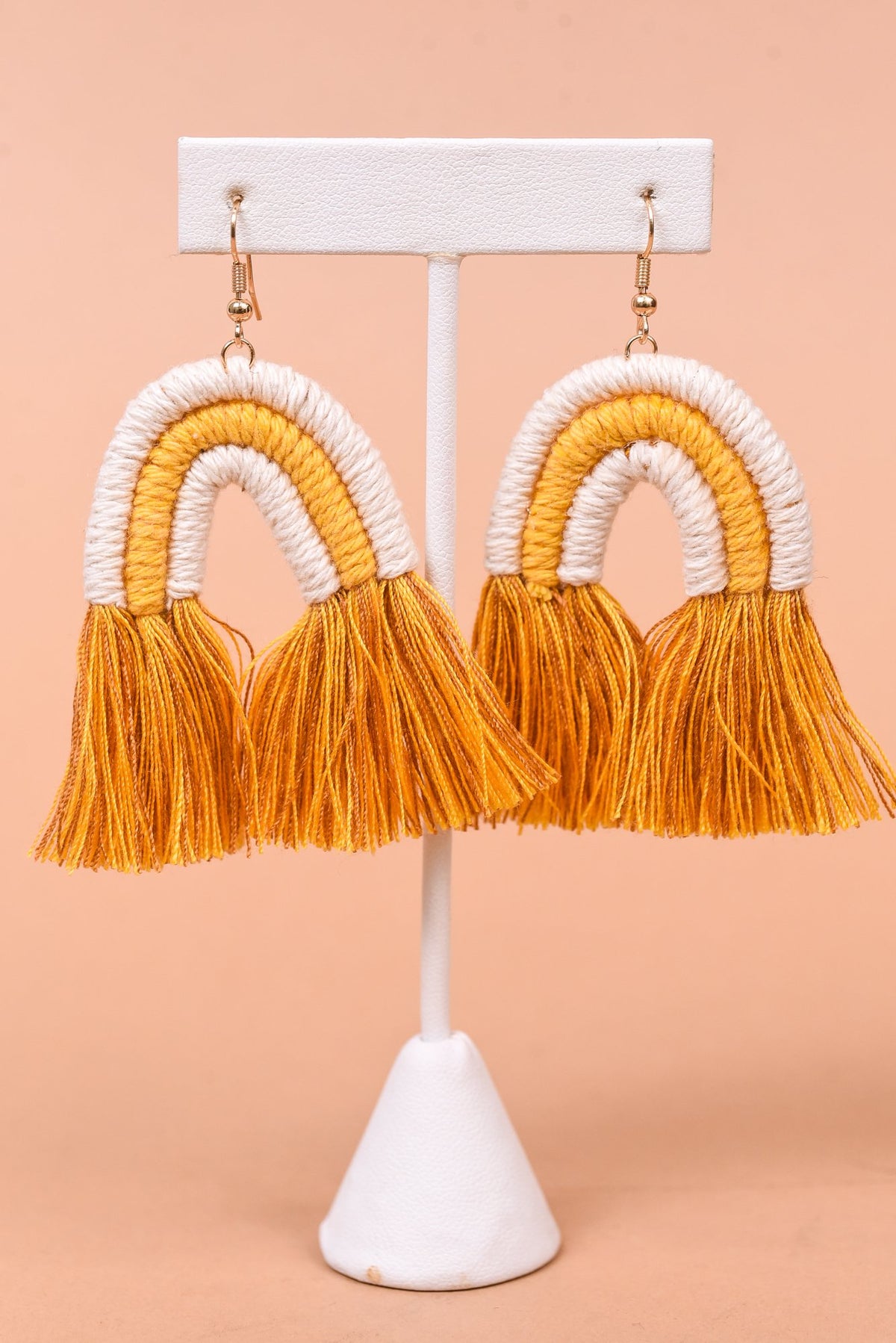 White/Mustard/Macrame Arch/Tassel Earrings - EAR3658MU