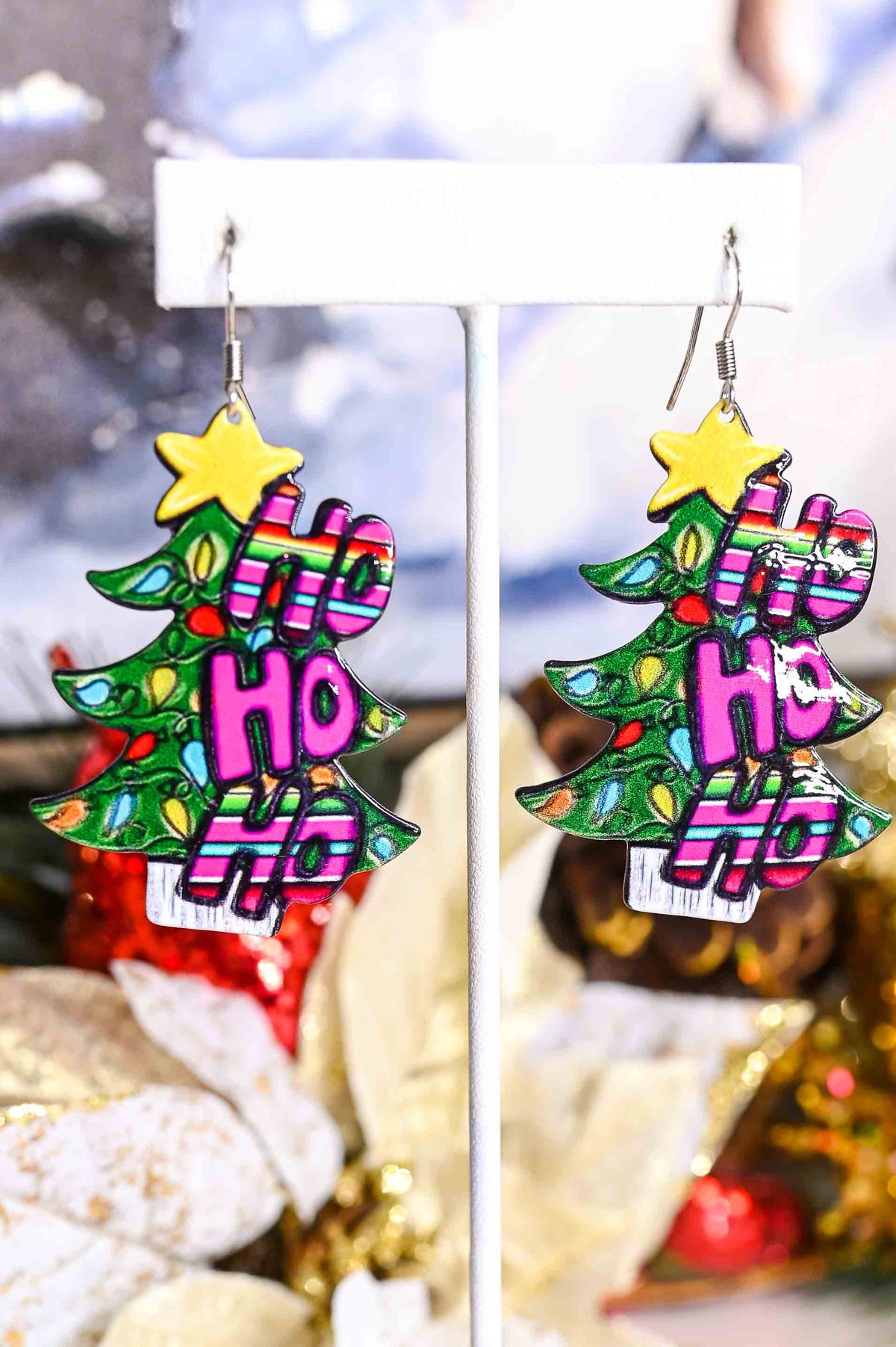 'Ho Ho Ho' Pink/Green Christmas Tree Earrings - EAR3983PK