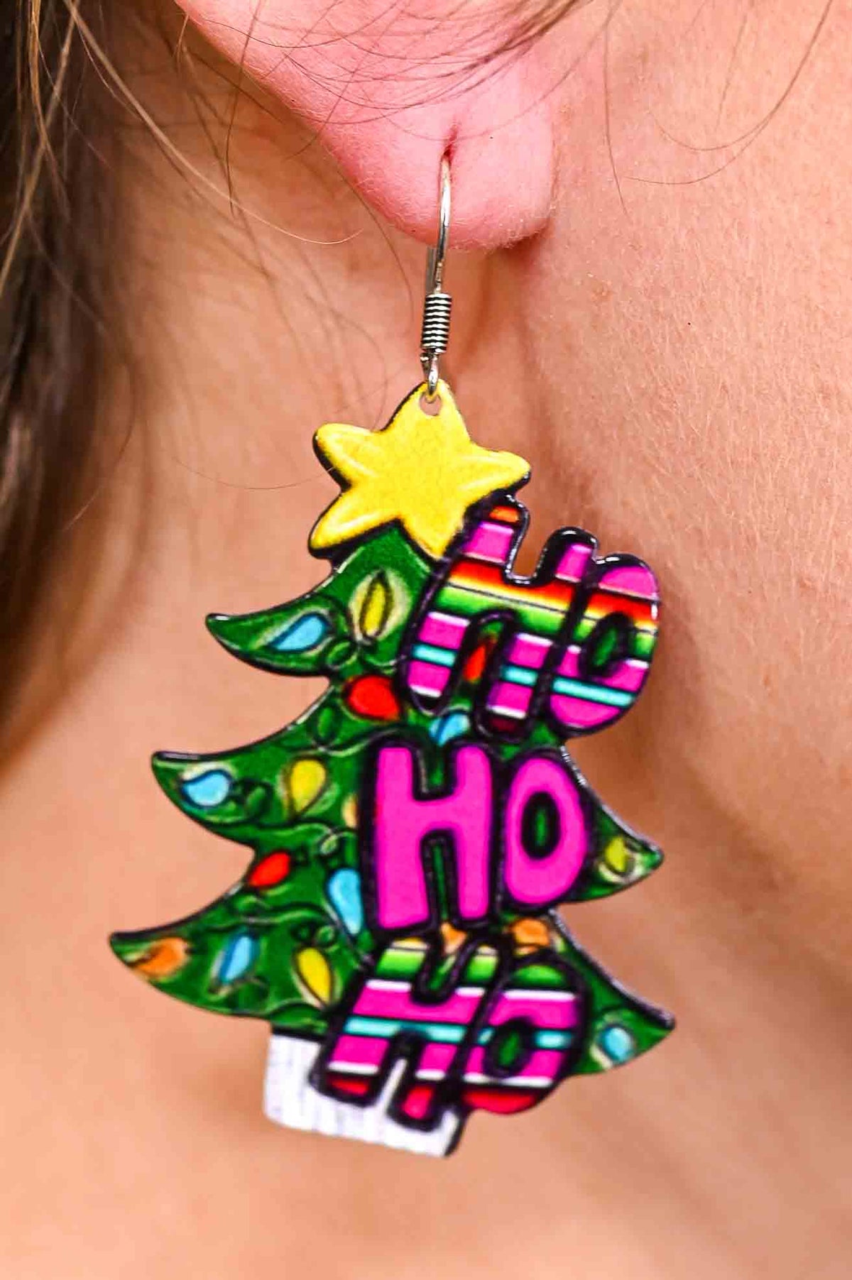 'Ho Ho Ho' Pink/Green Christmas Tree Earrings - EAR3983PK