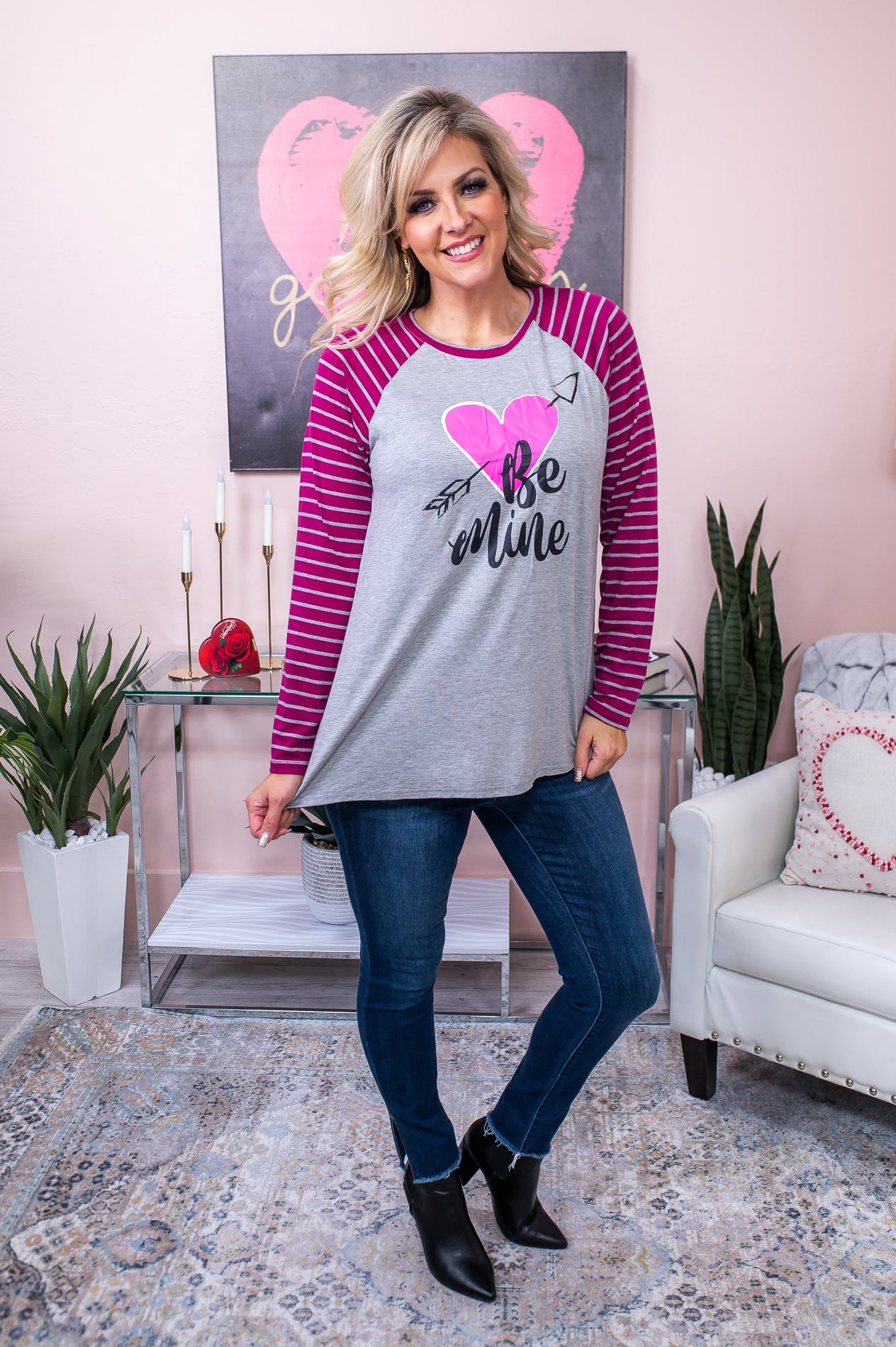 Be Mine, Sweet Valentine Heather Gray/Berry Striped/Valentine Top - T6150HGR