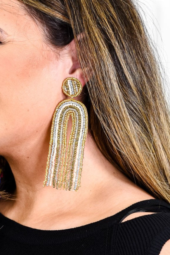 Gold/Silver/Ivory/Seed Bead/Arch/Tassel Earrings - EAR3578GO