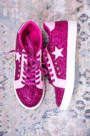 Neon Fuchsia Star Silver Glitter Sneakers 9