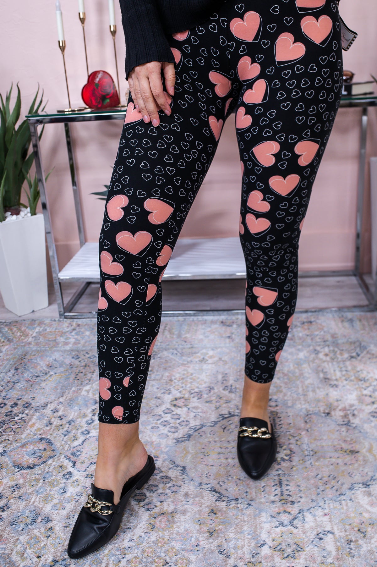 Black/Pink Heart Wide Band Printed Leggings (Sizes 4-12) - LEG1863BK