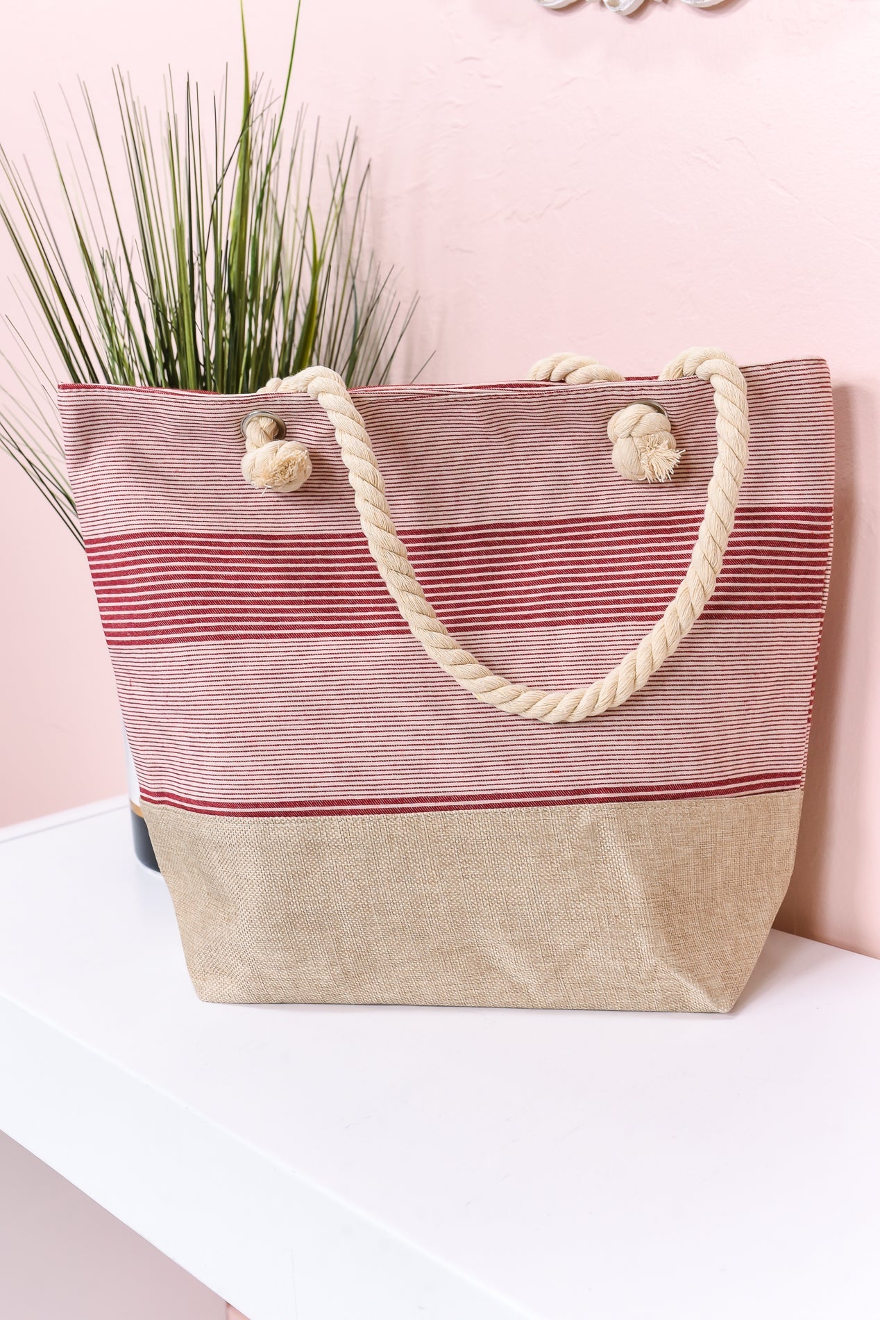 Undoubting Memories Dark Red/Taupe Striped Tote Bag - BAG1705RD