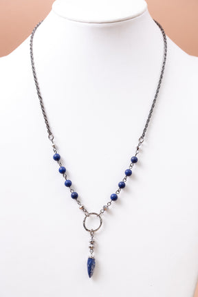 Silver/Royal Blue/Beaded/Open Circle/Drop Charm Necklace - NEK4034SI