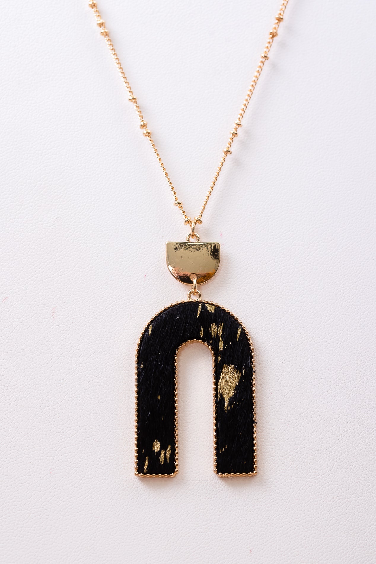 Gold/Black/Cowhide Arch Pendant Necklace - NEK4042GO