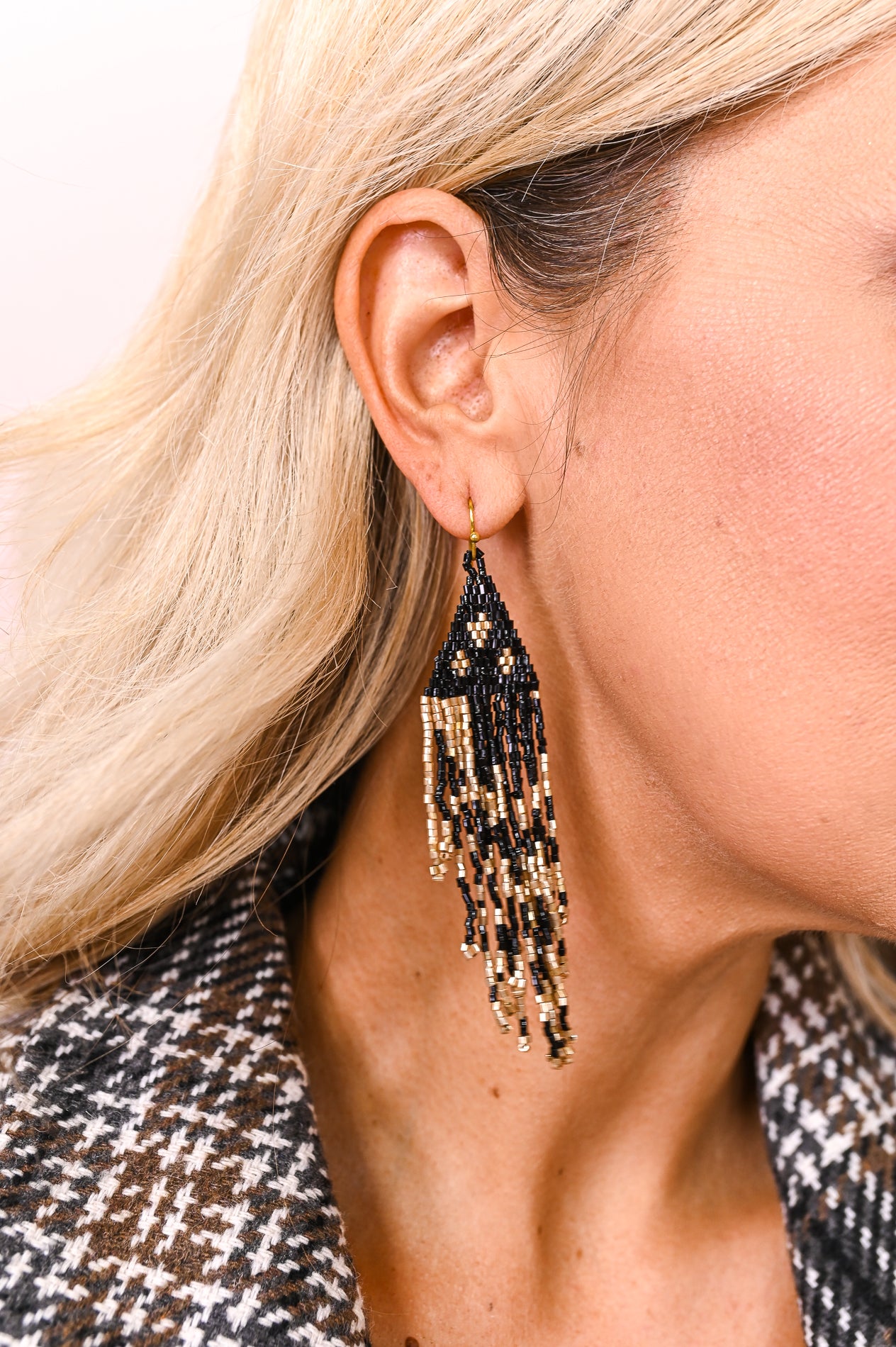 Francescas Adelia Gold Triangle Earrings with Black Tassels  Pacific City