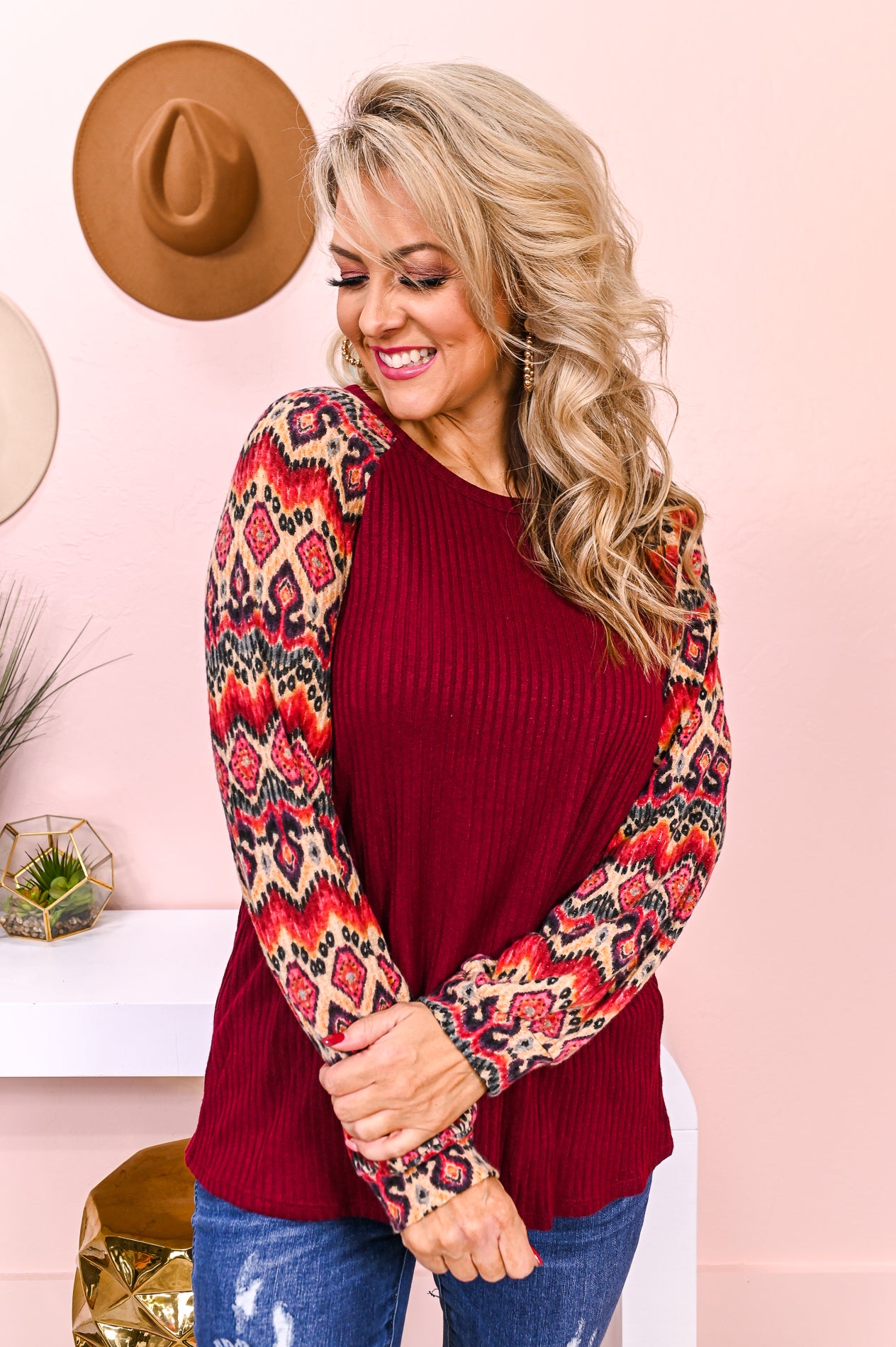 Bound To Be Beautiful Burgundy/Multi Color Printed Sleeves Top - T5414BU