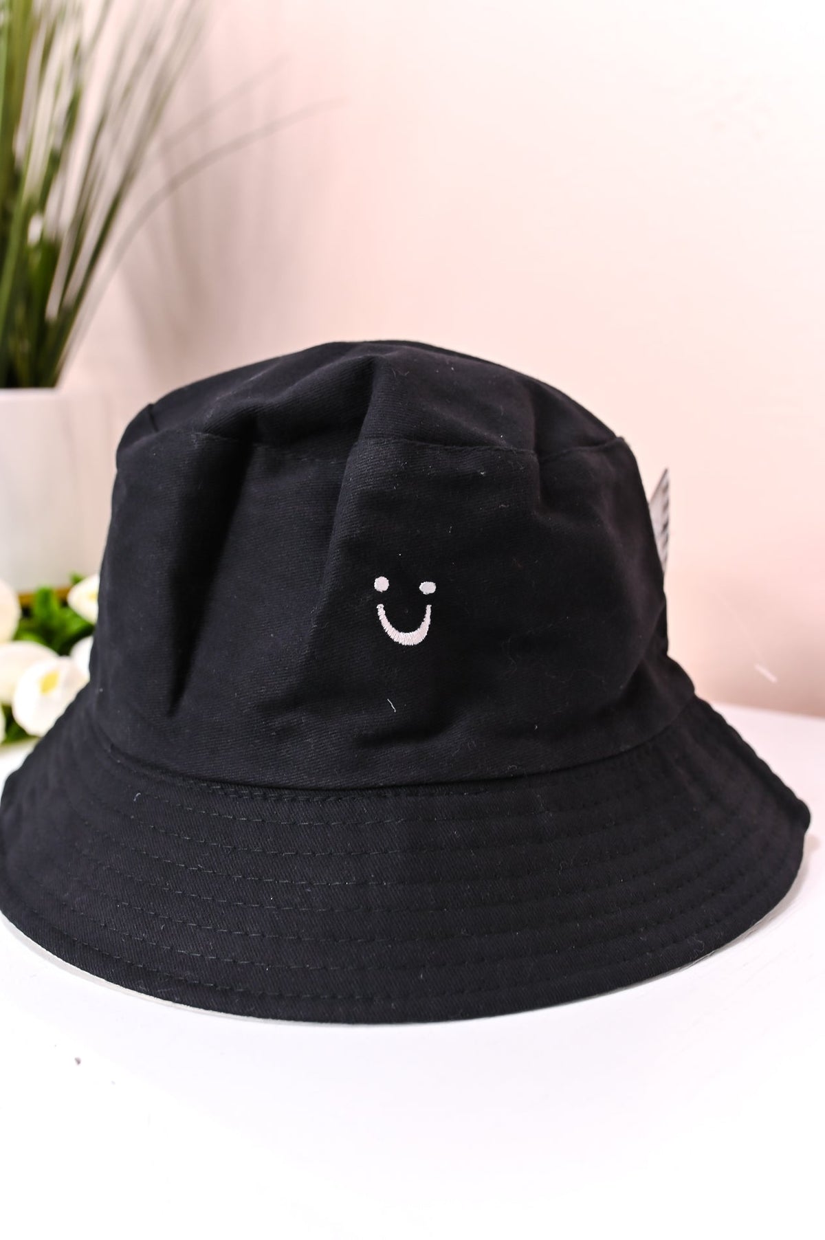 Black/Khaki Smiley Face Reversible Bucket Hat - HAT1387BK