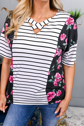 Focus On A Task Ivory/Multi Color Floral/Striped Crisscross Front Top - T4291IV