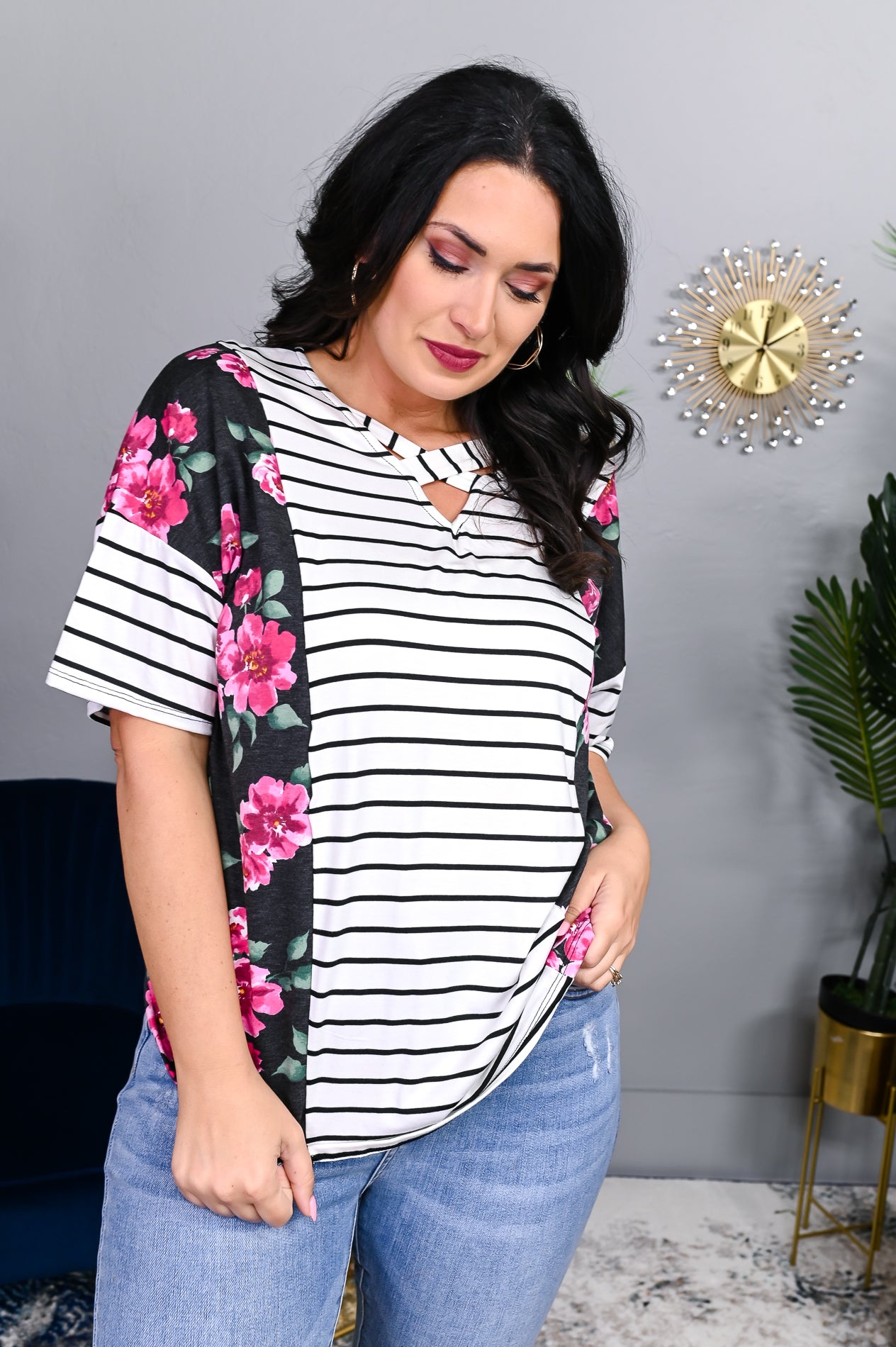 Focus On A Task Ivory/Multi Color Floral/Striped Crisscross Front Top - T4291IV