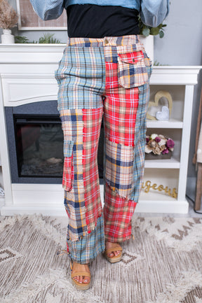 Fun Done Red Multi Color Plaid Patch Pants PNT1368RD